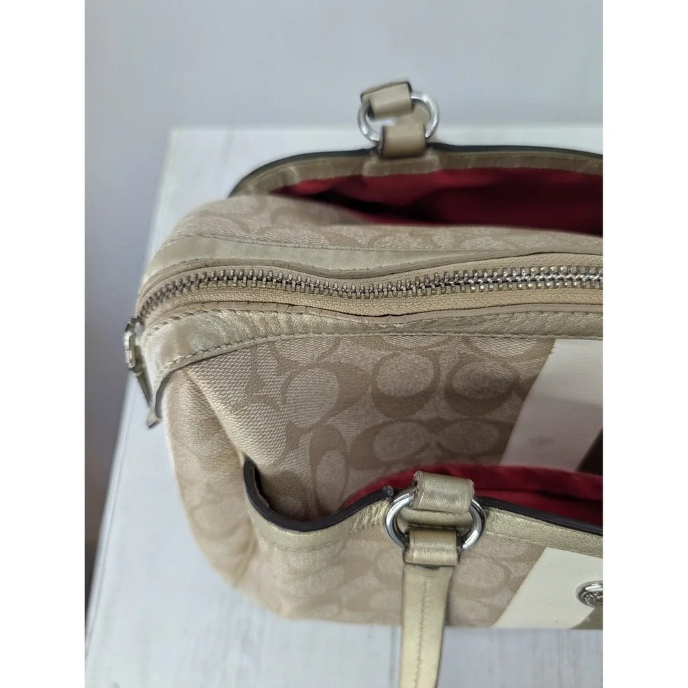Coach Heritage Stripe Satchel Khaki Gold Signature Canvas Bag F14478